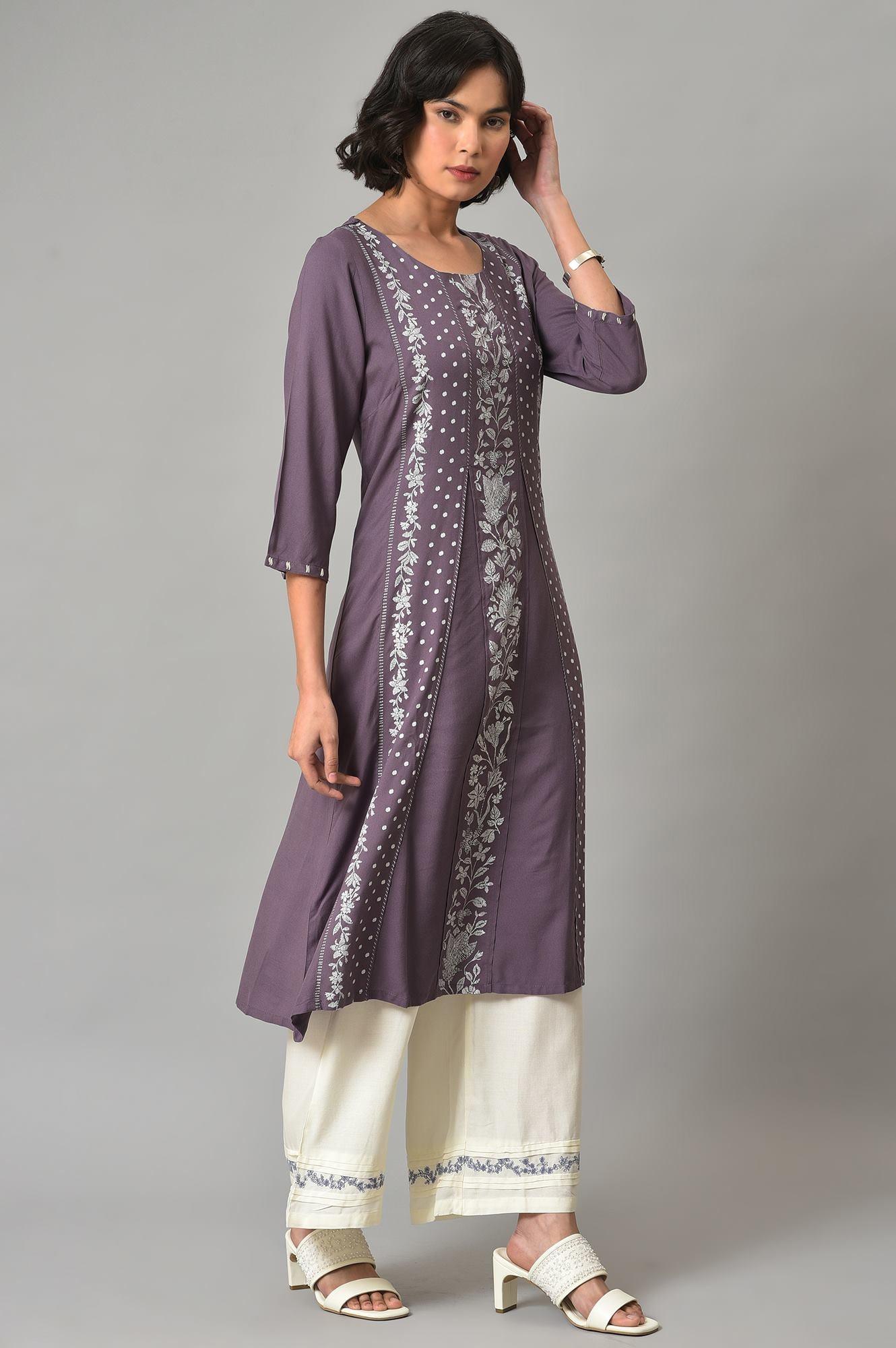 Dusky Purple Floral Printed kurta With Ecru Parallel Pants And Printed Dupatta - wforwoman