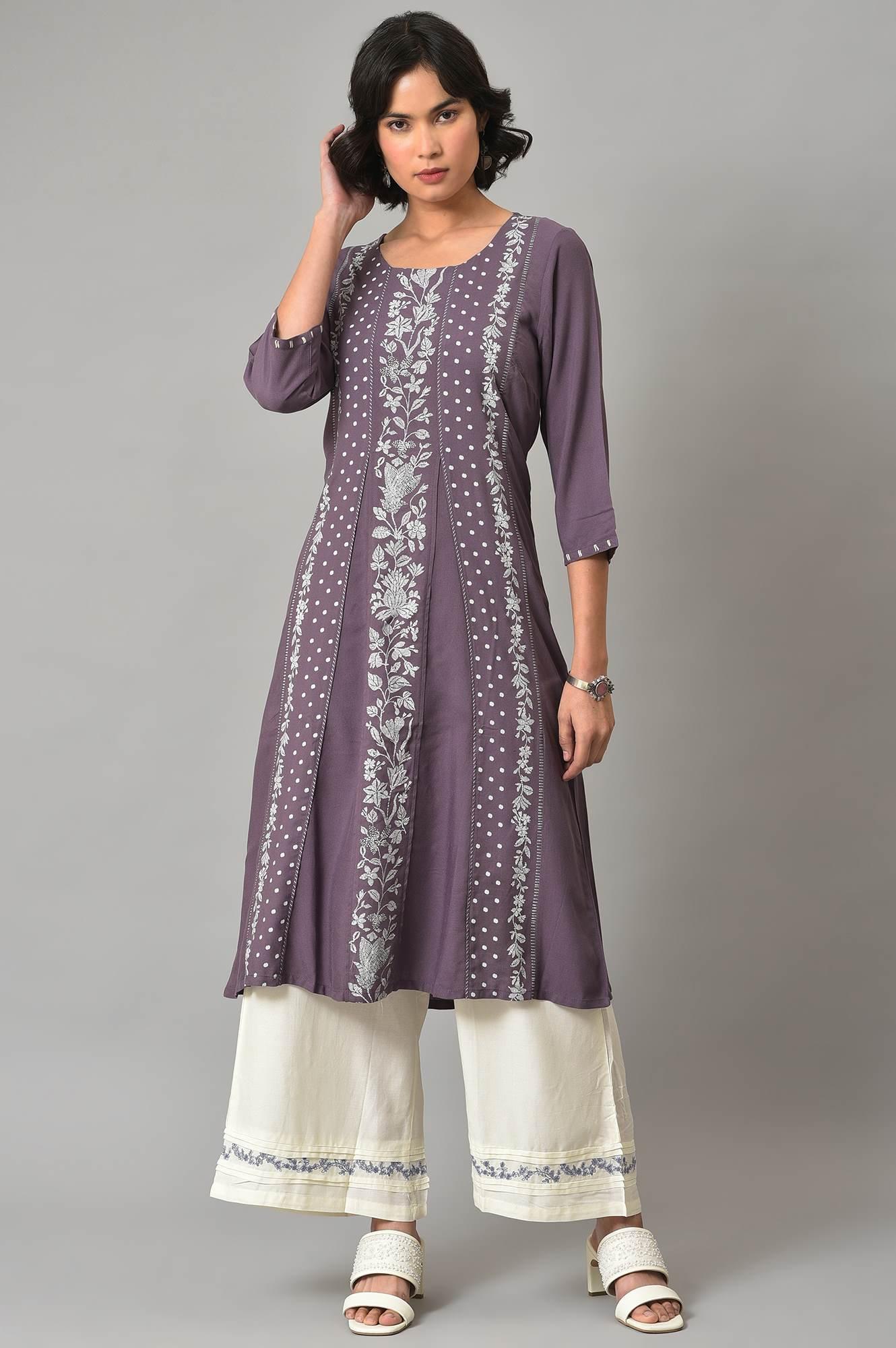 Dusky Purple Floral Printed kurta With Ecru Parallel Pants And Printed Dupatta - wforwoman