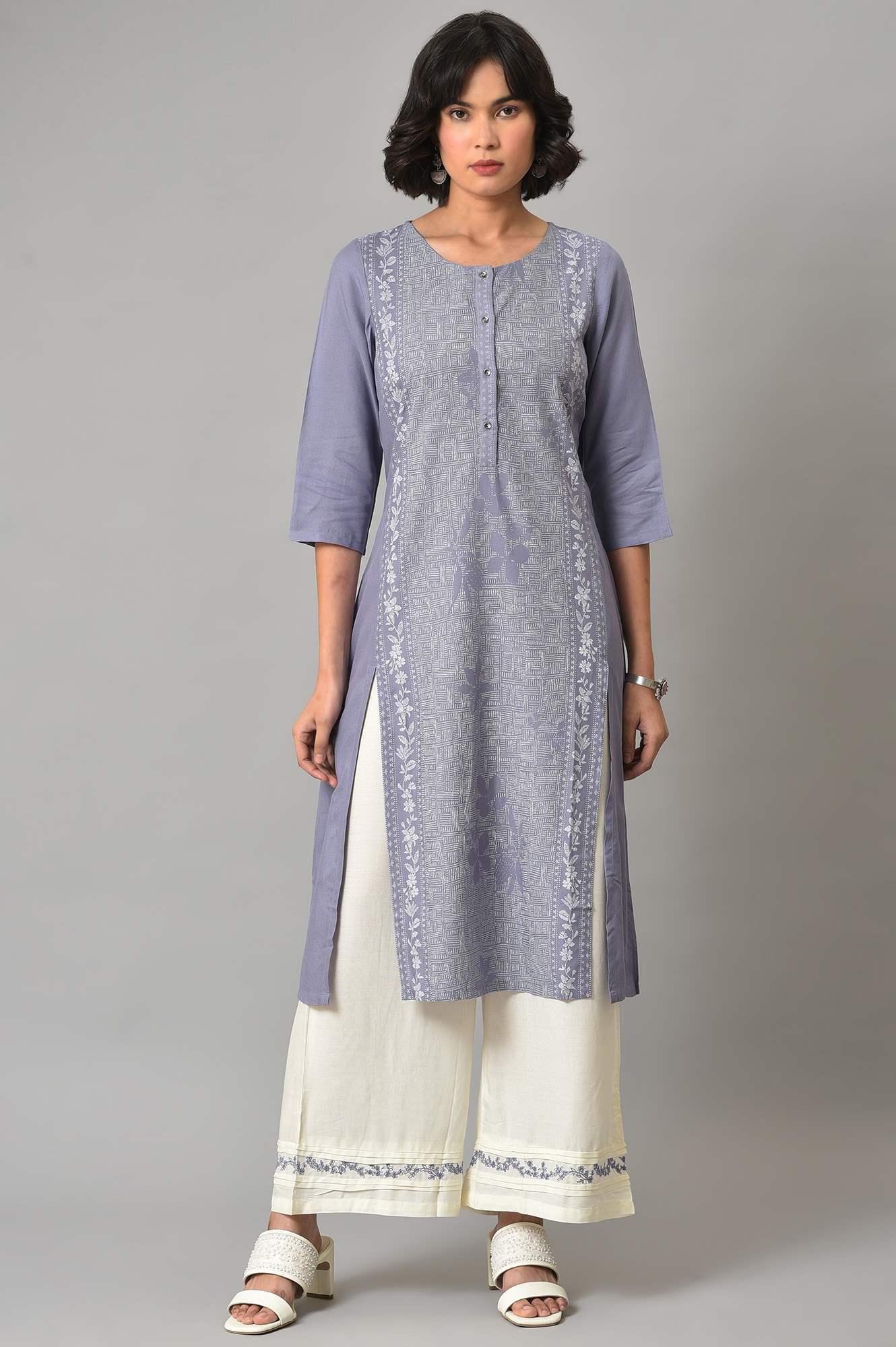 Dusk Purple Floral Printed kurta With Embroidered Ecru Pants And Dupatta - wforwoman