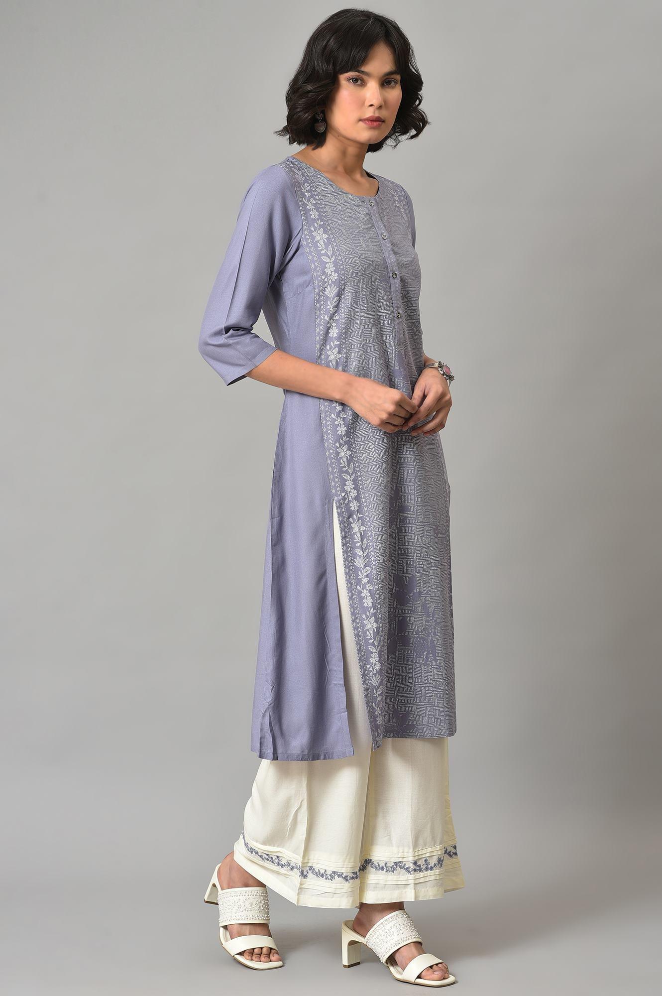 Dusk Purple Floral Printed kurta With Embroidered Ecru Pants And Dupatta - wforwoman