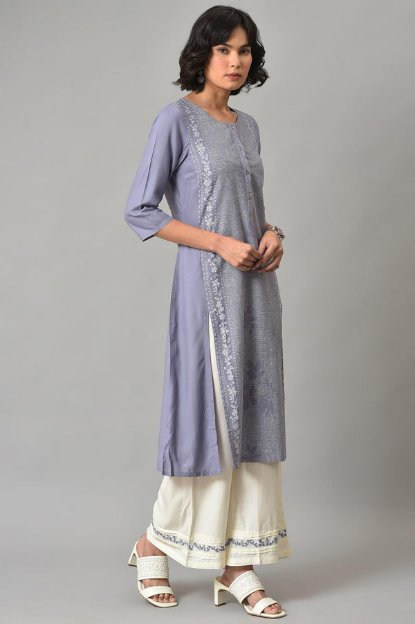 Dusk Purple Floral Printed kurta With Embroidered Ecru Pants And Dupatta