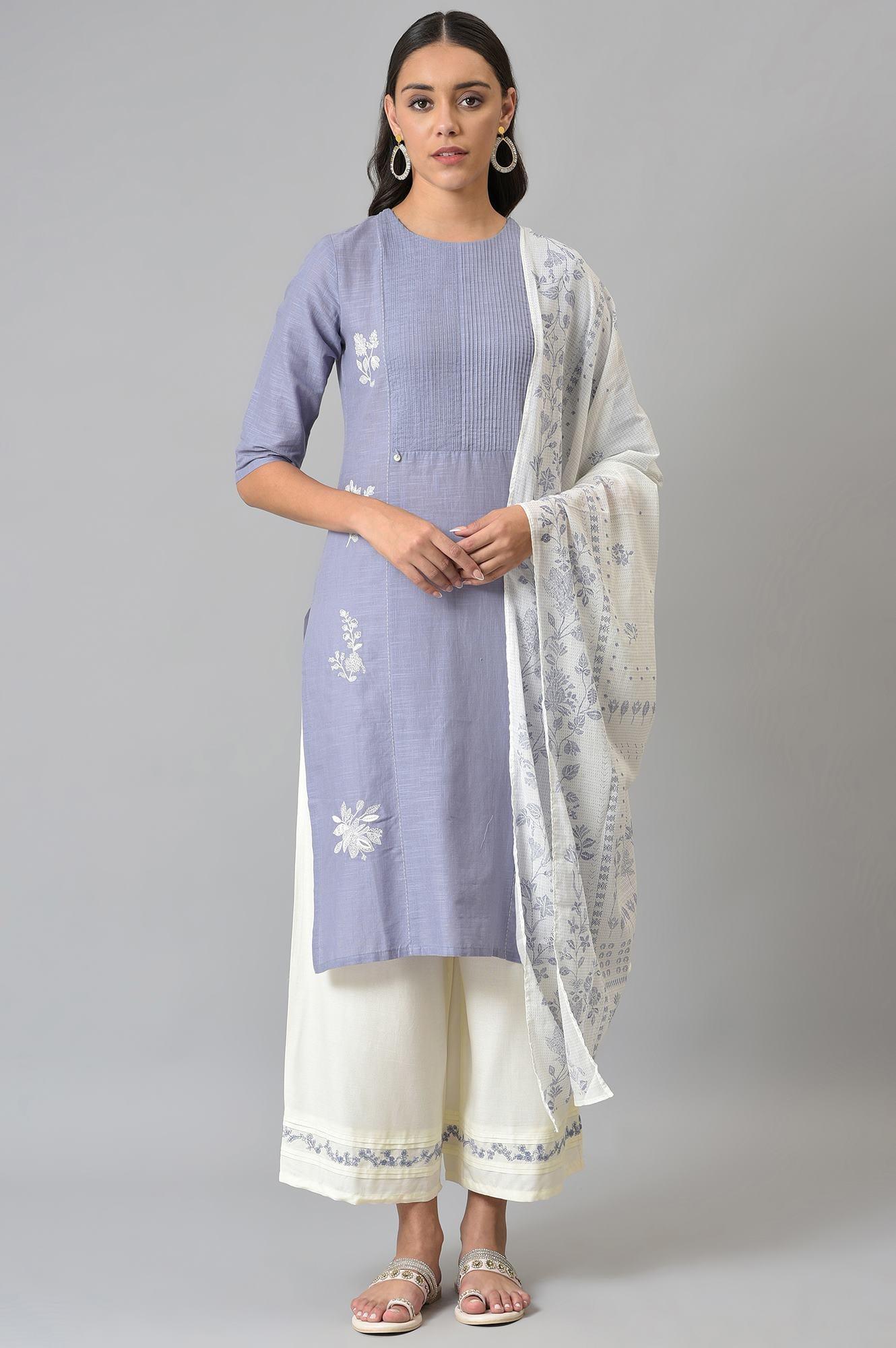 Blue Embroidered kurta With Ecru Parallel Pants And Floral Printed Dupatta - wforwoman