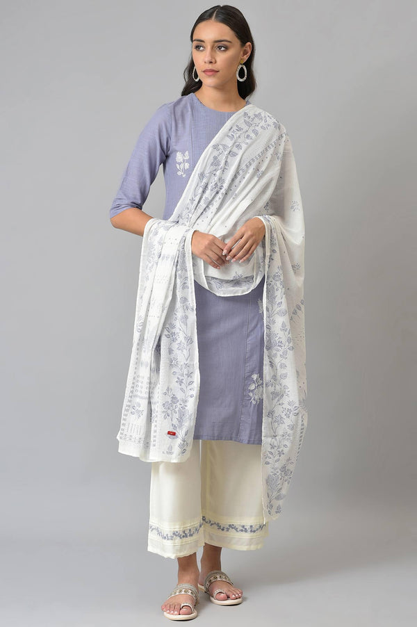 Blue Embroidered kurta With Ecru Parallel Pants And Floral Printed Dupatta