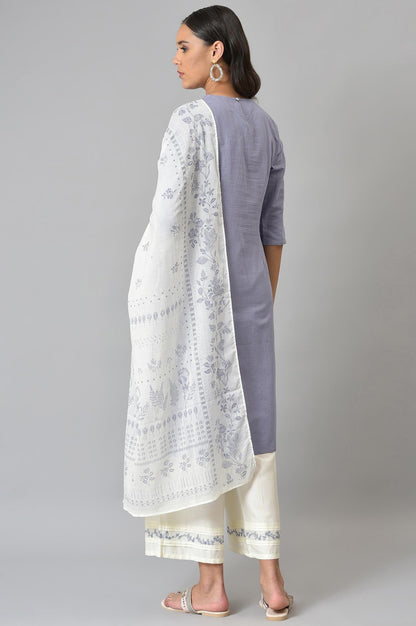 Blue Embroidered kurta With Ecru Parallel Pants And Floral Printed Dupatta - wforwoman