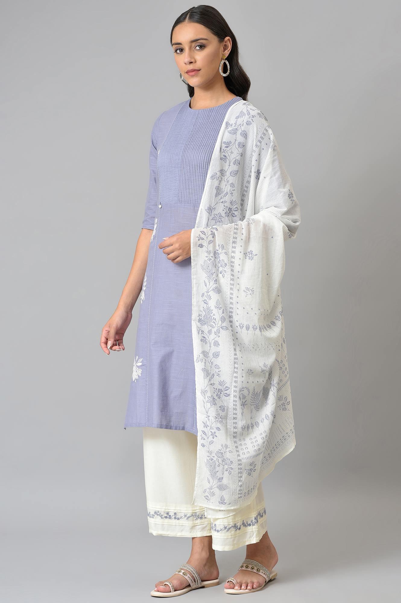 Blue Embroidered kurta With Ecru Parallel Pants And Floral Printed Dupatta - wforwoman