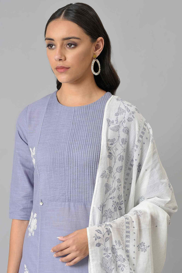 Blue Embroidered kurta With Ecru Parallel Pants And Floral Printed Dupatta