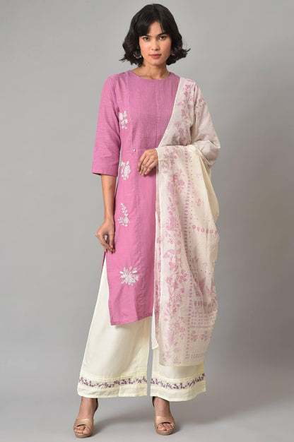 Liva Eco Pink Embroidered kurta With Off-White Pants And Dupatta Set - wforwoman