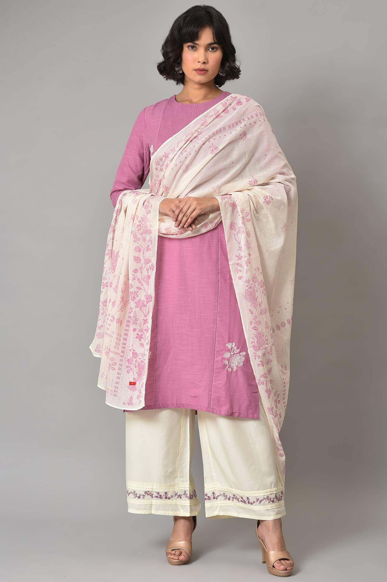 Liva Eco Pink Embroidered kurta With Off-White Pants And Dupatta Set - wforwoman