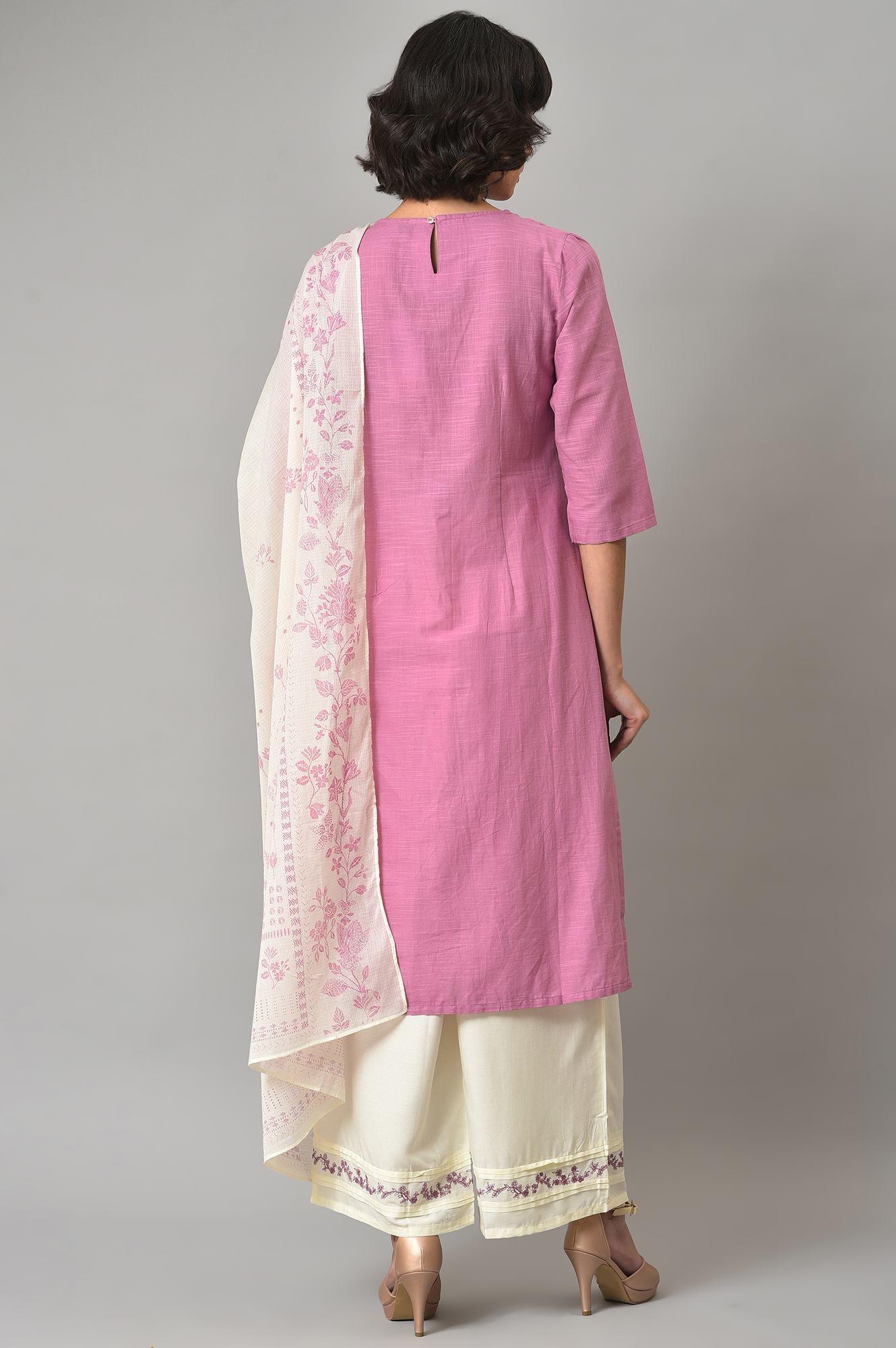 Liva Eco Pink Embroidered kurta With Off-White Pants And Dupatta Set - wforwoman