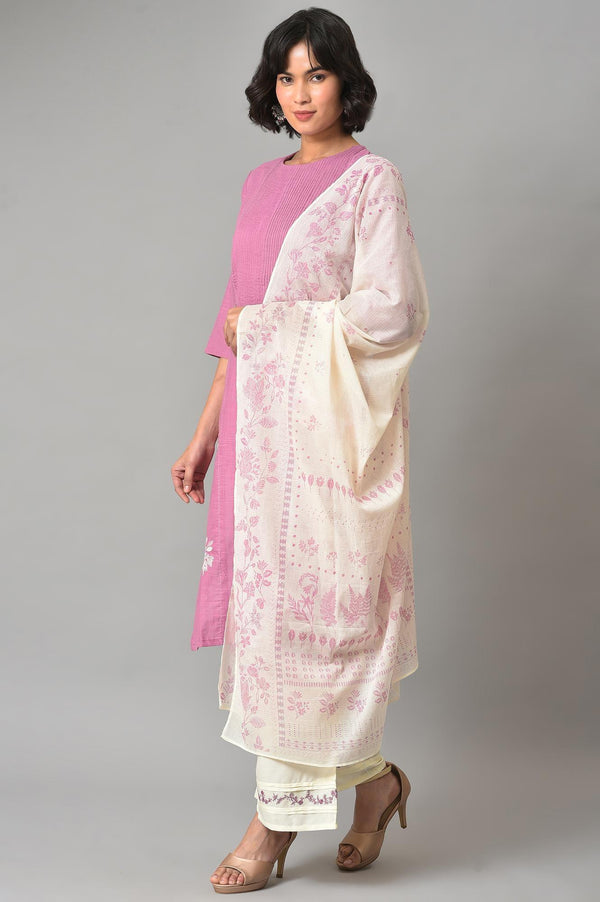 Liva Eco Pink Embroidered kurta With Off-White Pants And Dupatta Set