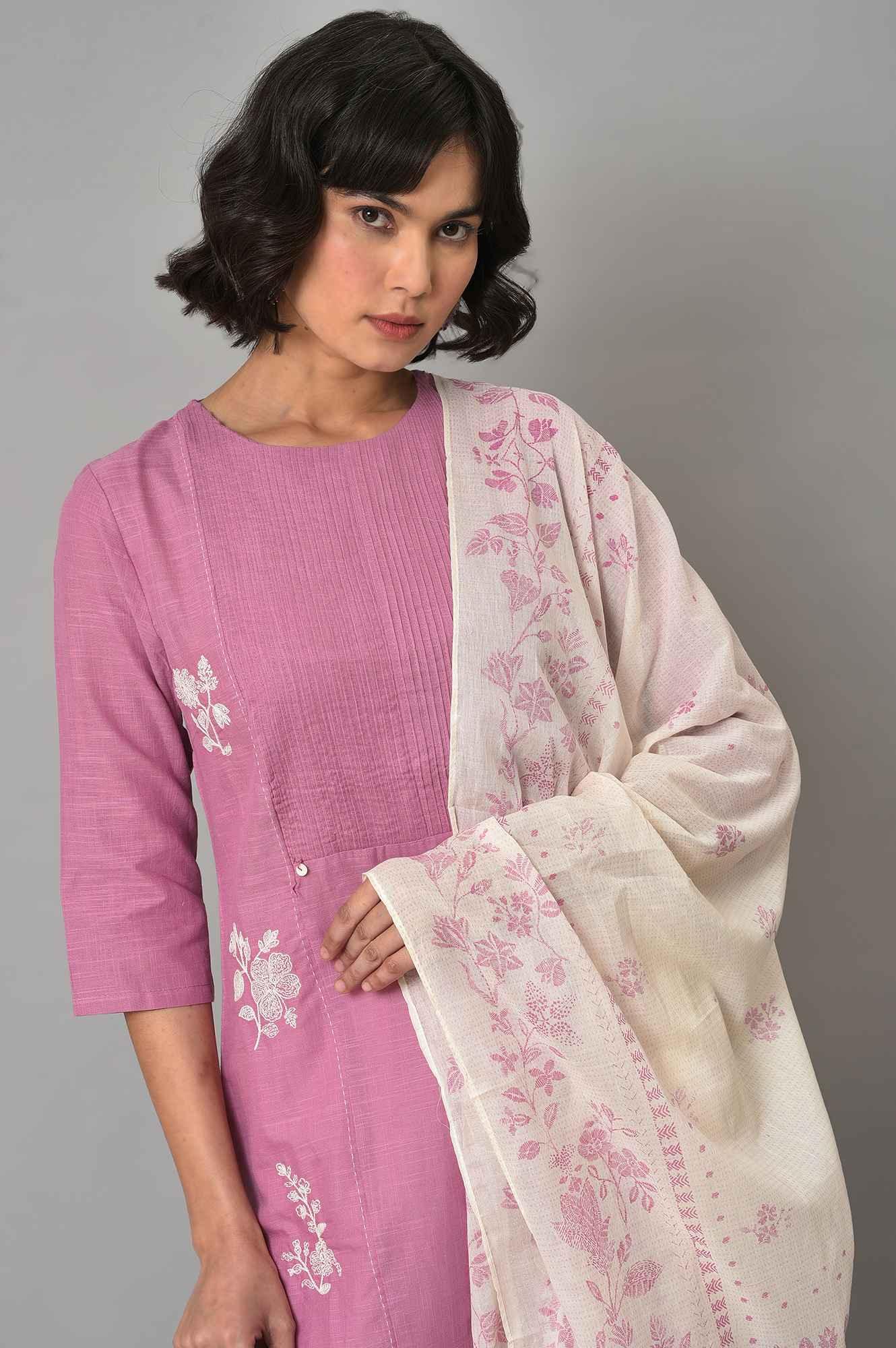 Liva Eco Pink Embroidered kurta With Off-White Pants And Dupatta Set - wforwoman