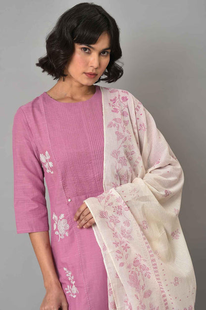 Liva Eco Pink Embroidered kurta With Off-White Pants And Dupatta Set - wforwoman