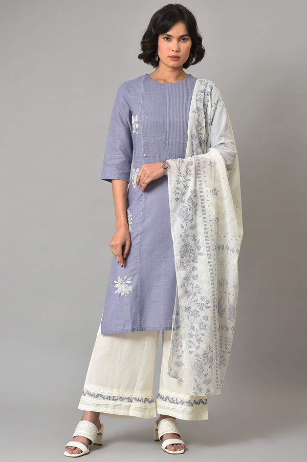Blue Pintuck Straight kurta With Ecru Parallel Pants