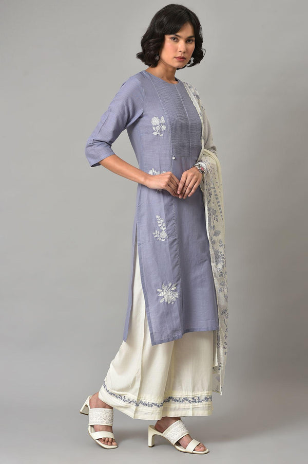 Blue Pintuck Straight kurta With Ecru Parallel Pants