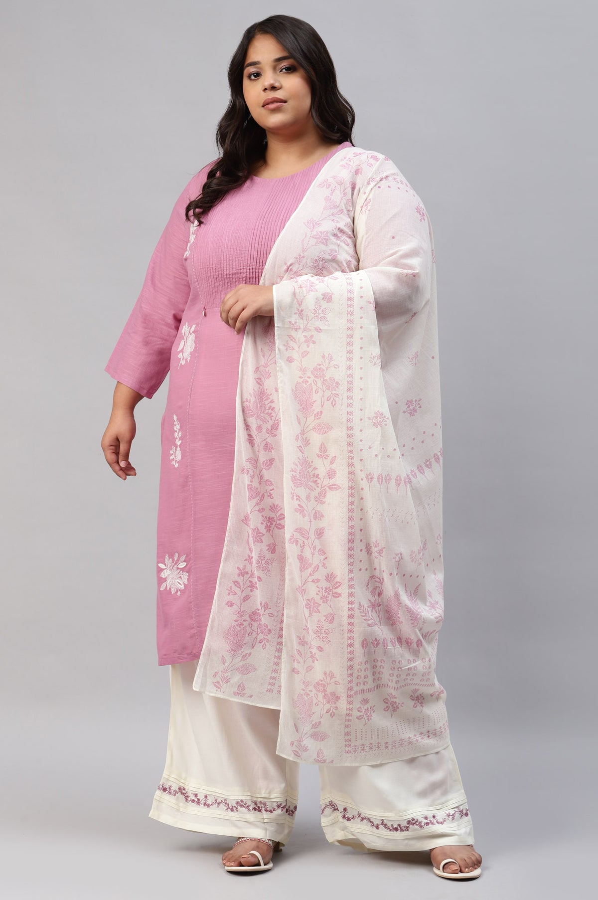 Liva Eco Plus Size Pink Embroidered kurta Off-White Pants And Dupatta Set - 20