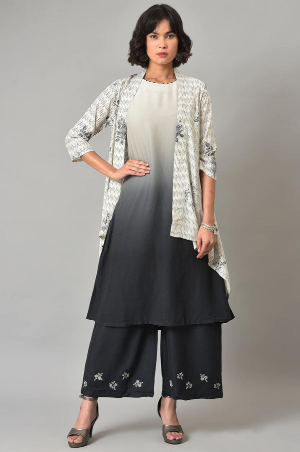 White And Deep Blue Ombre kurta With Printed Gillet And Parallel Pants