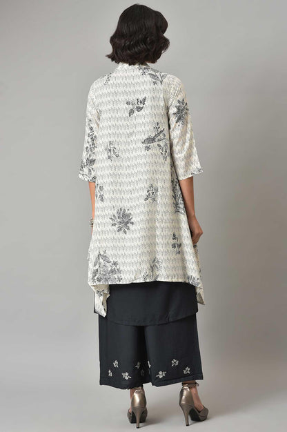 White And Deep Blue Ombre kurta With Printed Gillet And Parallel Pants - wforwoman
