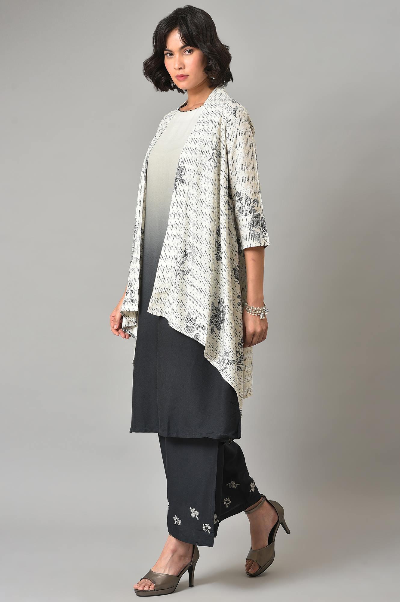 White And Deep Blue Ombre kurta With Printed Gillet And Parallel Pants - wforwoman