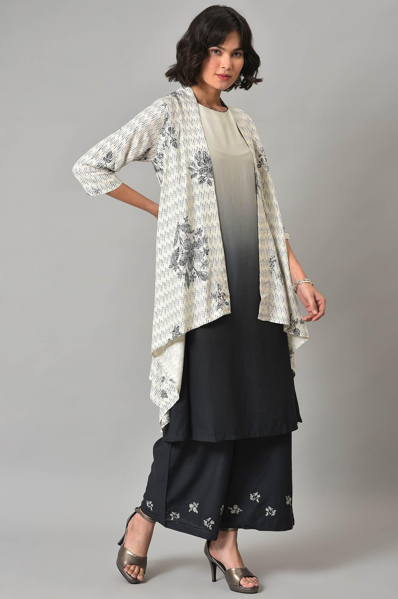 White And Deep Blue Ombre kurta With Printed Gillet And Parallel Pants - wforwoman