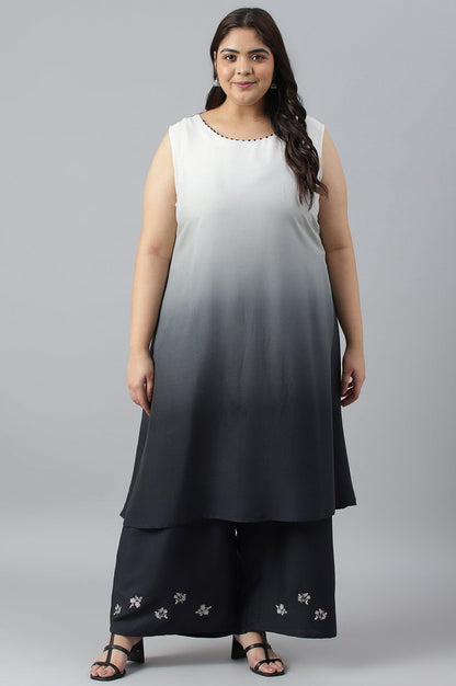 Plus Size White And Deep Blue Ombre kurta With Printed Gillet And Parallel Pants - wforwoman