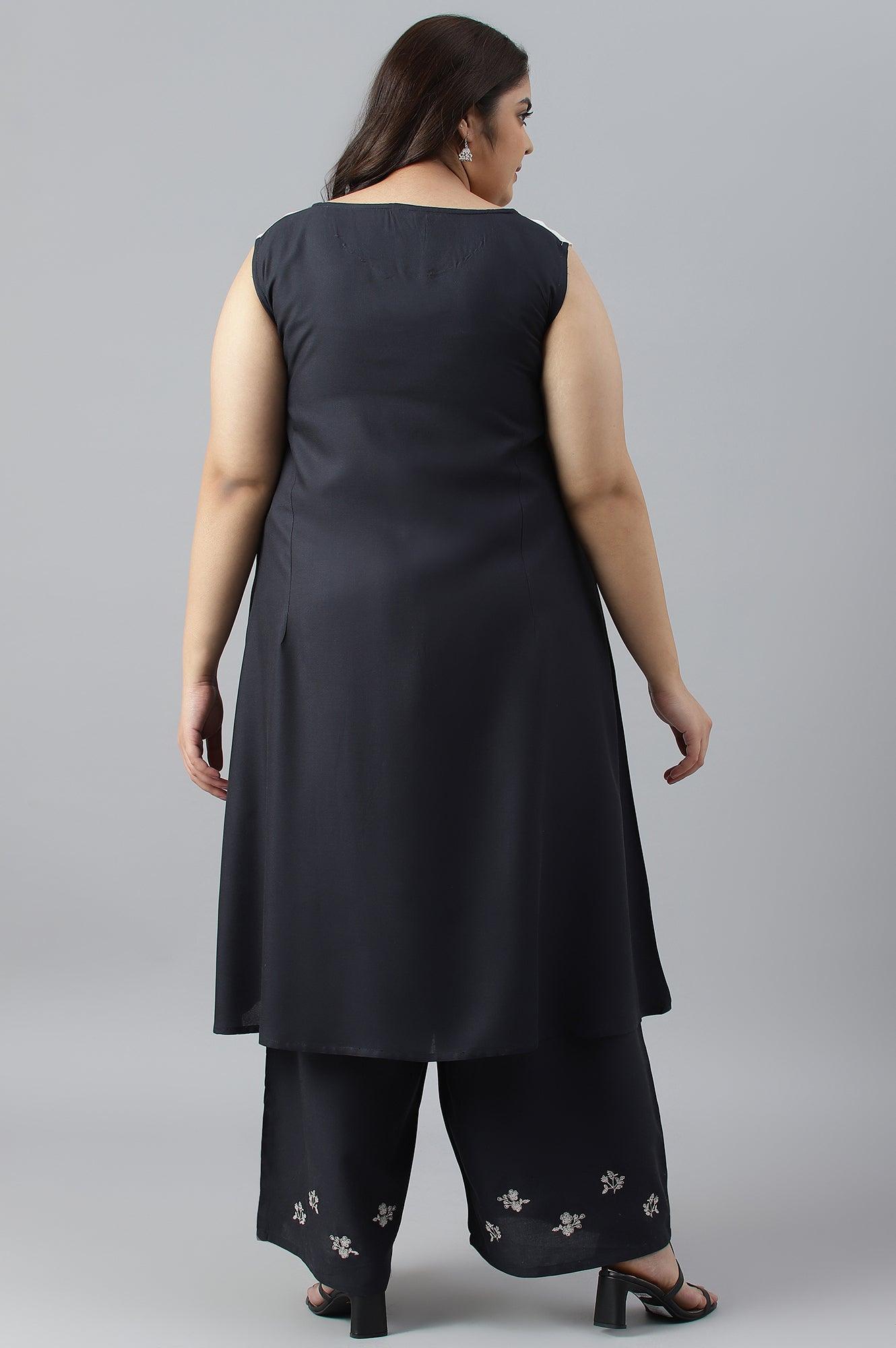 Plus Size White And Deep Blue Ombre kurta With Printed Gillet And Parallel Pants - wforwoman