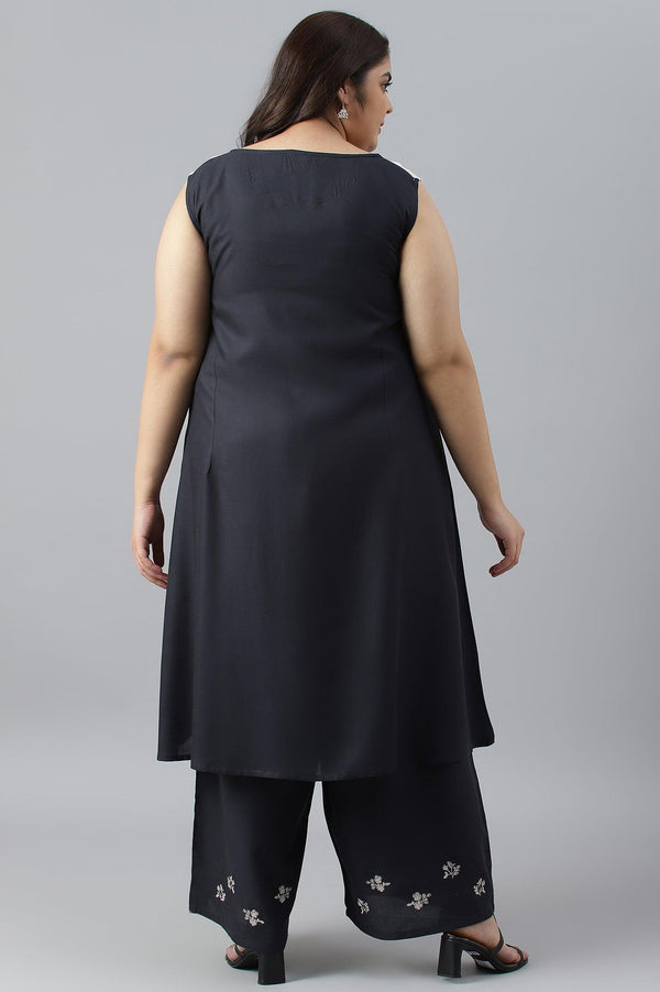 Plus Size White And Deep Blue Ombre kurta With Printed Gillet And Parallel Pants