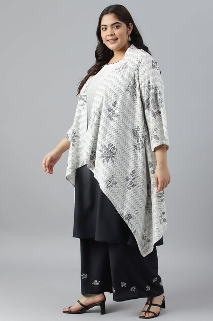 Plus Size White And Deep Blue Ombre kurta With Printed Gillet And Parallel Pants - wforwoman