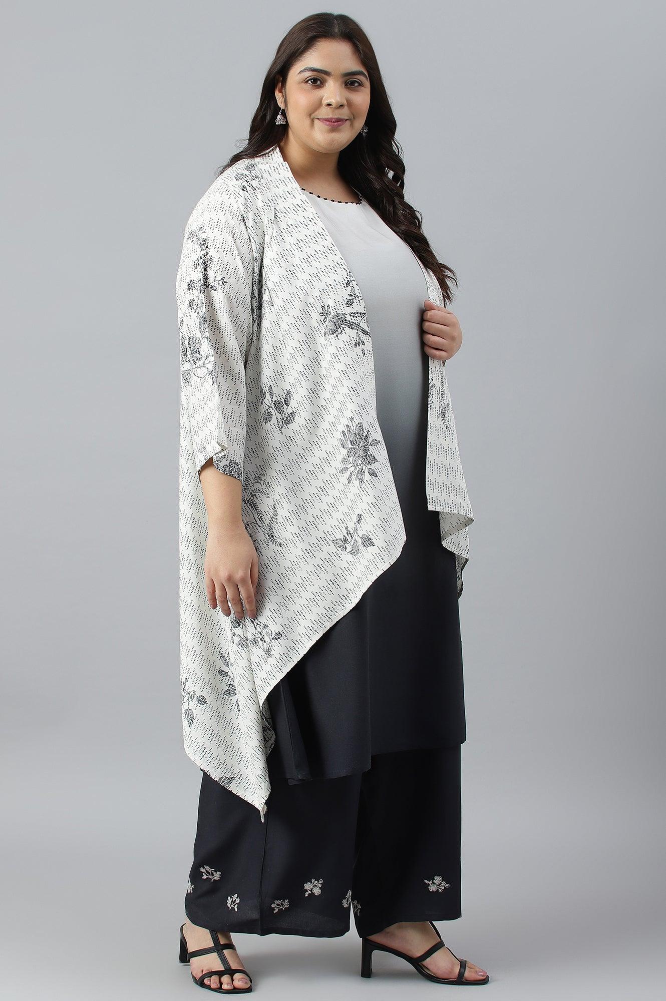Plus Size White And Deep Blue Ombre kurta With Printed Gillet And Parallel Pants - wforwoman