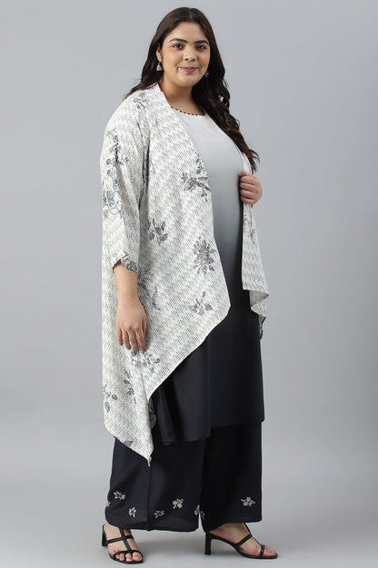 Plus Size White And Deep Blue Ombre kurta With Printed Gillet And Parallel Pants - wforwoman