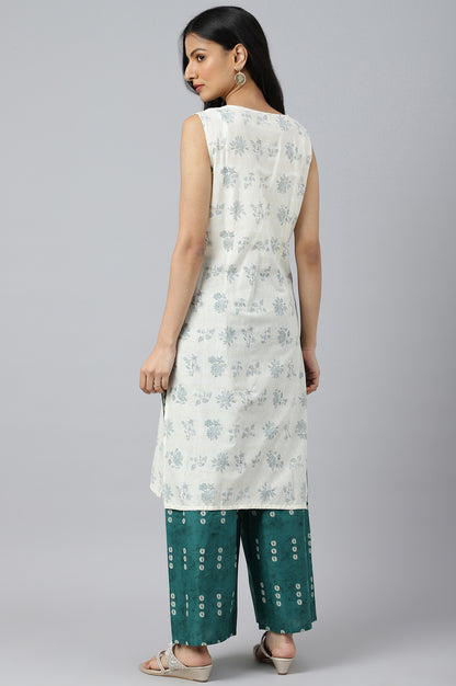 Green Printed Gillet With Off-White kurta And Green Parallel Pants Set