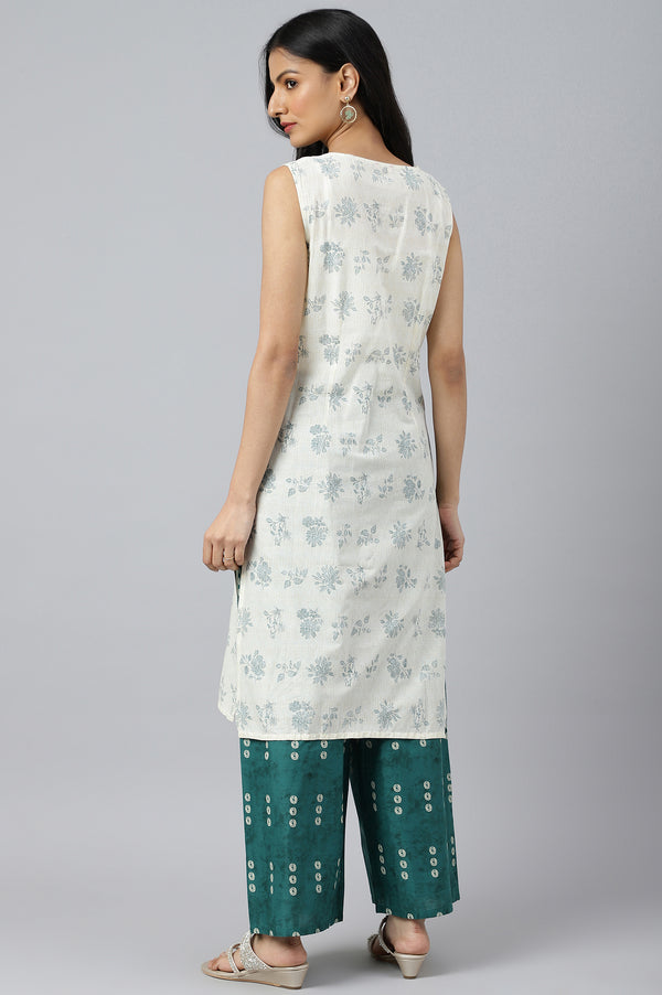 Green Printed Gillet With Off-White kurta And Green Parallel Pants Set