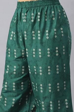 Green Plus Size Printed Gillet With Off-White kurta And Green Parallel Pants Set - wforwoman