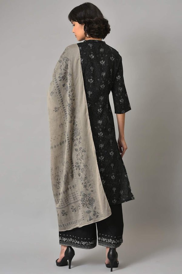 Black Floral Printed kurta With Parallel Pants And Grey Dupatta