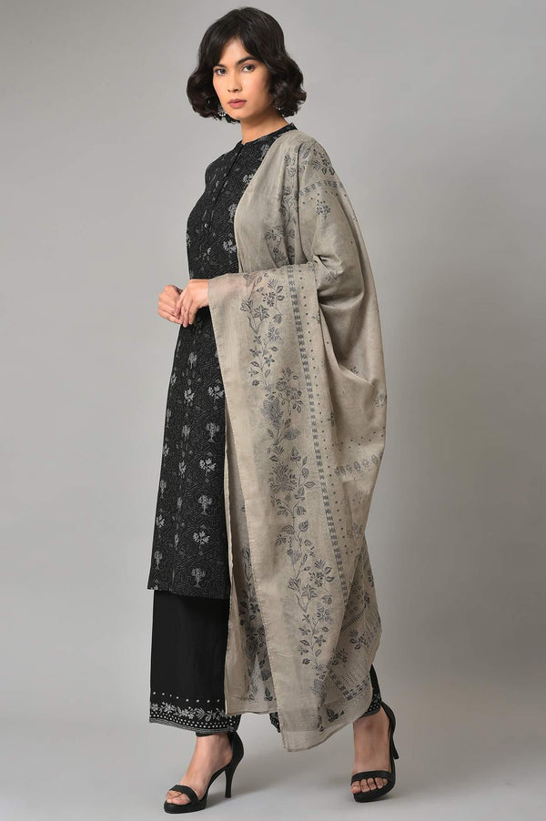 Black Floral Printed kurta With Parallel Pants And Grey Dupatta