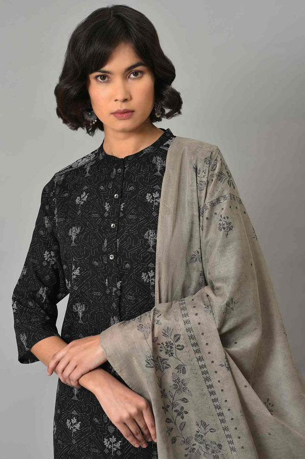 Black Floral Printed kurta With Parallel Pants And Grey Dupatta