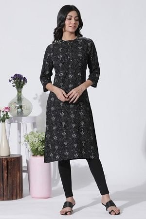Black Floral Printed Mandarin Collar Kurta And Tights Set - XS