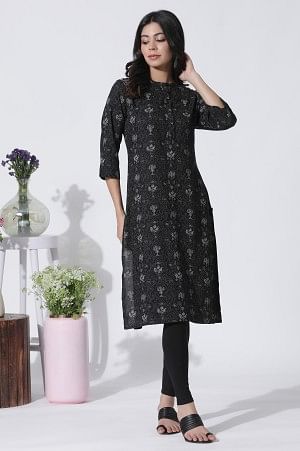 Black Floral Printed Mandarin Collar Kurta And Tights Set