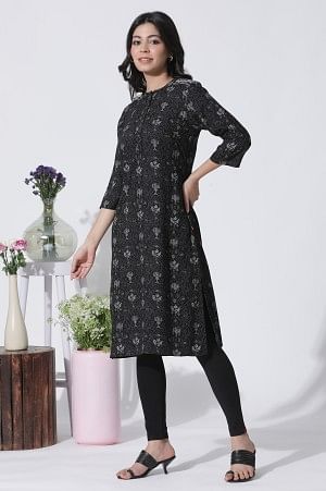 Black Floral Printed Mandarin Collar Kurta And Tights Set