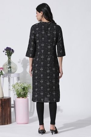 Black Floral Printed Mandarin Collar Kurta And Tights Set