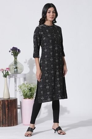 Black Floral Printed Mandarin Collar Kurta And Tights Set