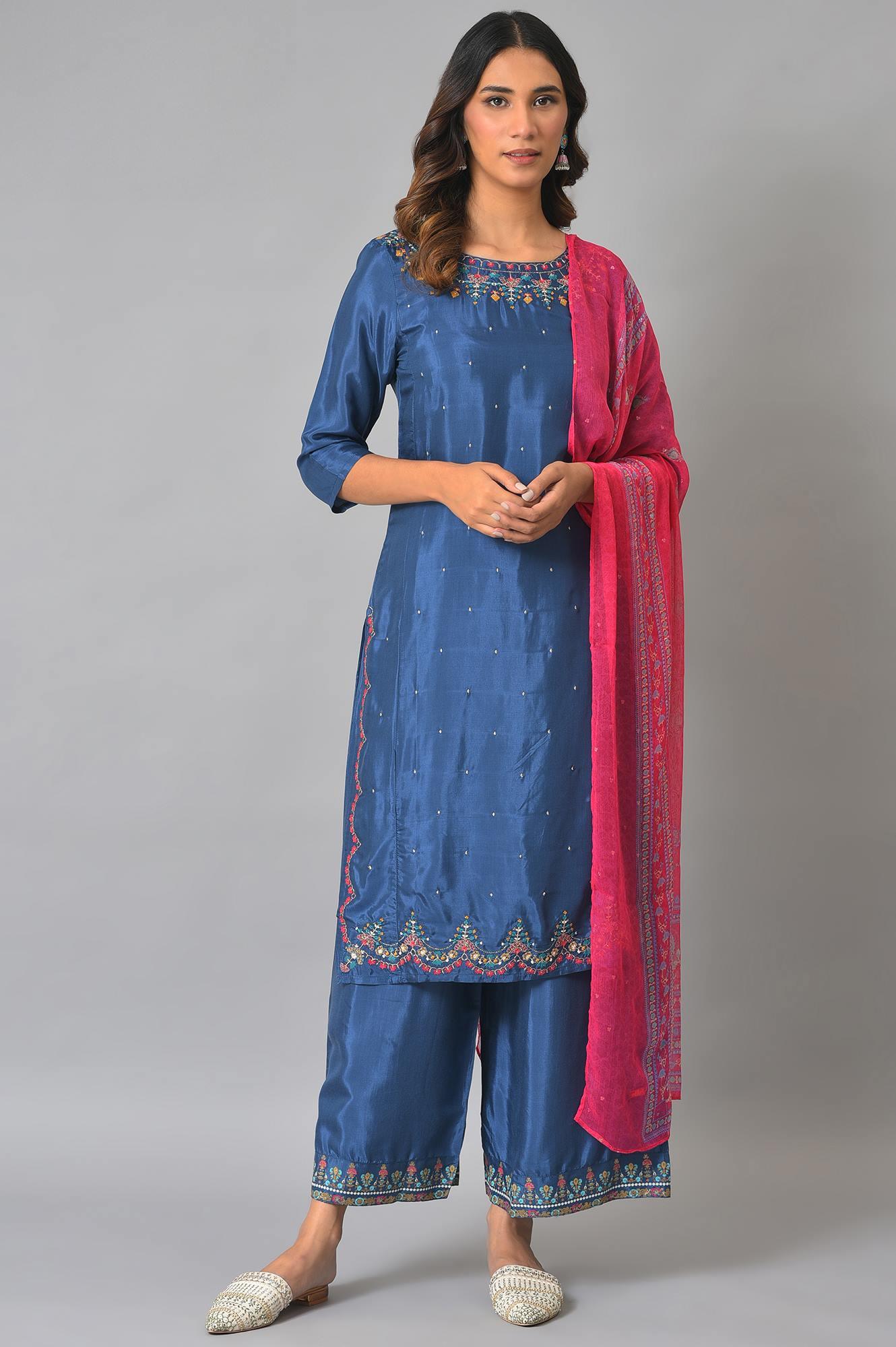 Blue Embroidered kurta With Parallel Pants And Pink Dupatta - wforwoman