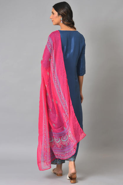 Plus Size Blue Embroidered kurta With Parallel Pants And Pink Dupatta - wforwoman
