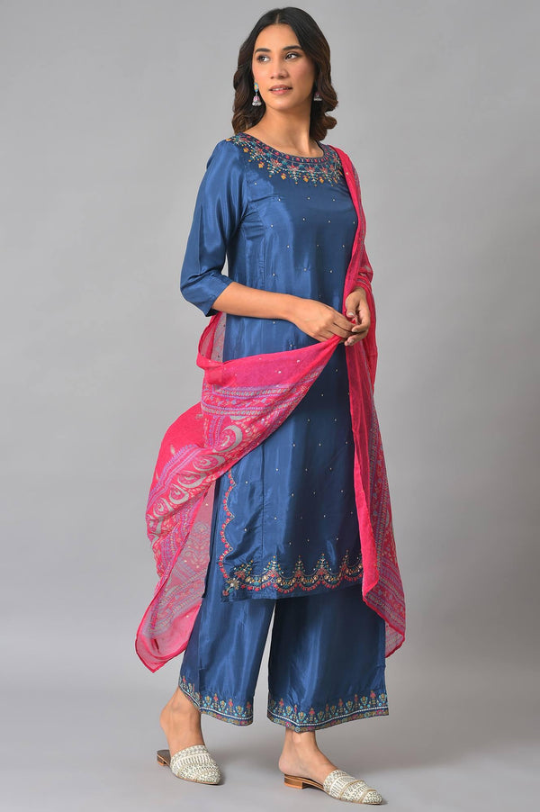 Plus Size Blue Embroidered kurta With Parallel Pants And Pink Dupatta
