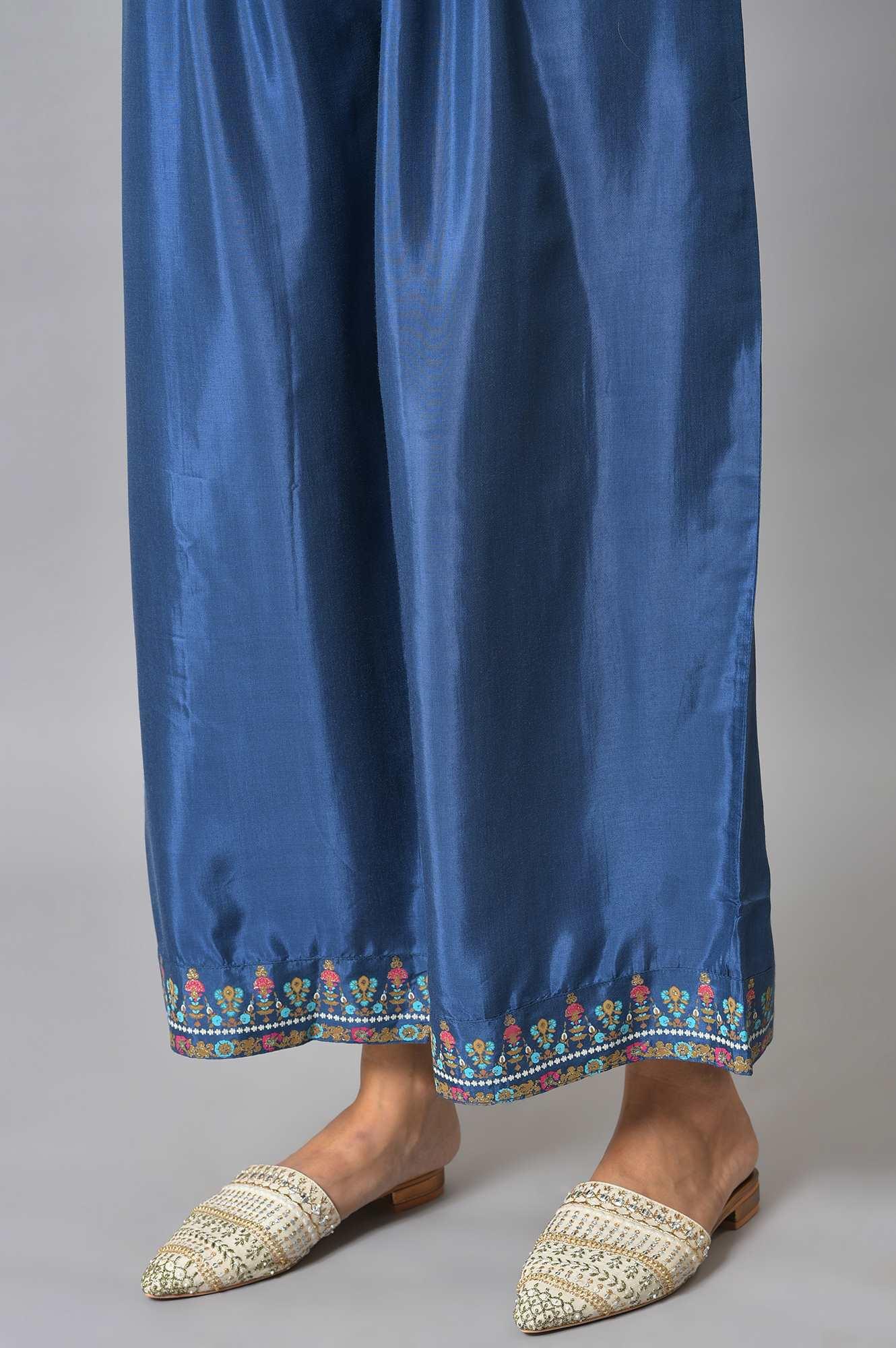 Blue Embroidered kurta With Parallel Pants And Pink Dupatta - wforwoman