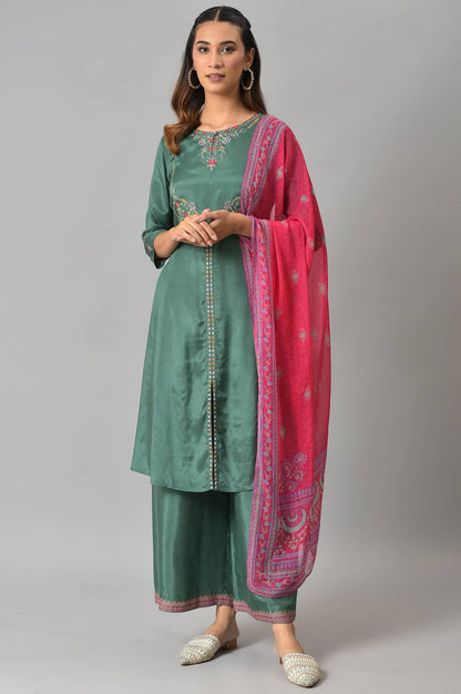 Dark Green Embroidered kurta With Parallel Pants And Pink Printed Dupatta - wforwoman