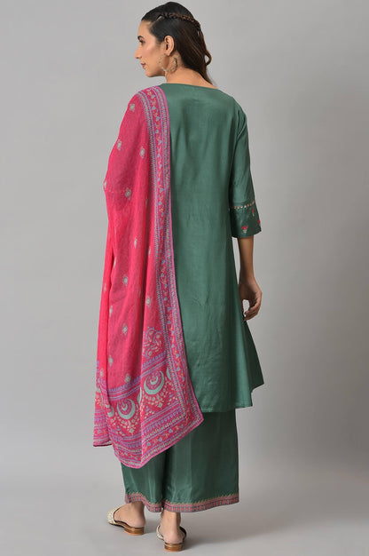 Dark Green Embroidered kurta With Parallel Pants And Pink Printed Dupatta - wforwoman
