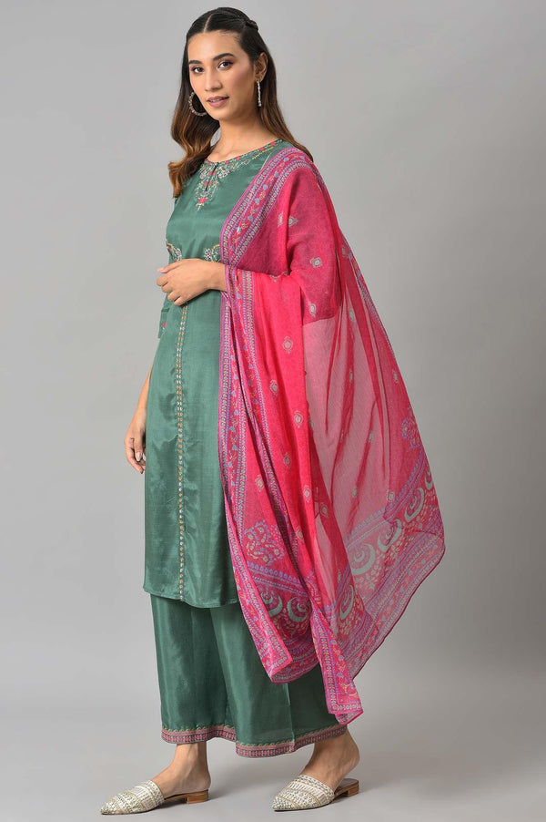 Dark Green Embroidered kurta With Parallel Pants And Pink Printed Dupatta