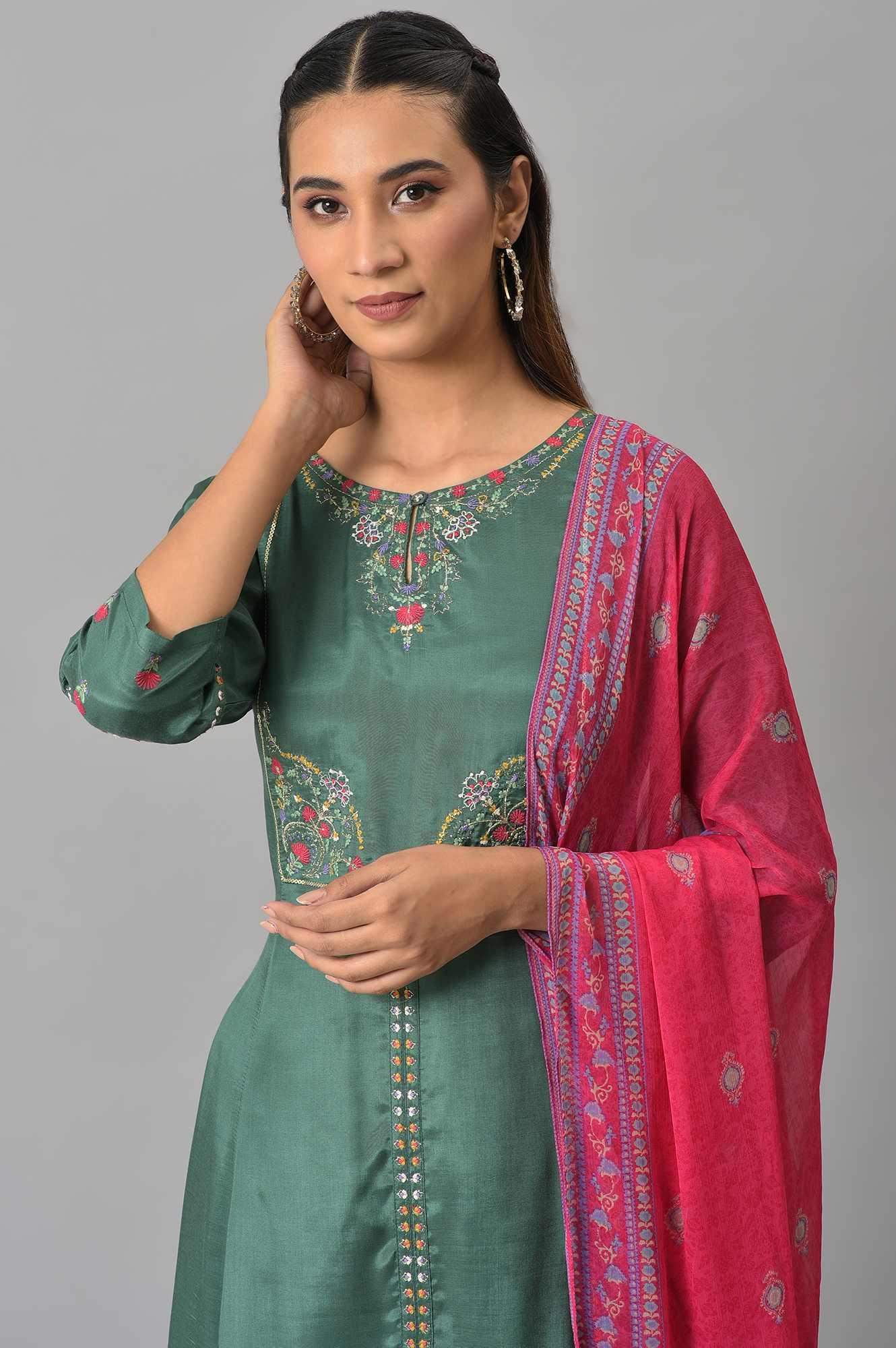 Dark Green Embroidered kurta With Parallel Pants And Pink Printed Dupatta - wforwoman