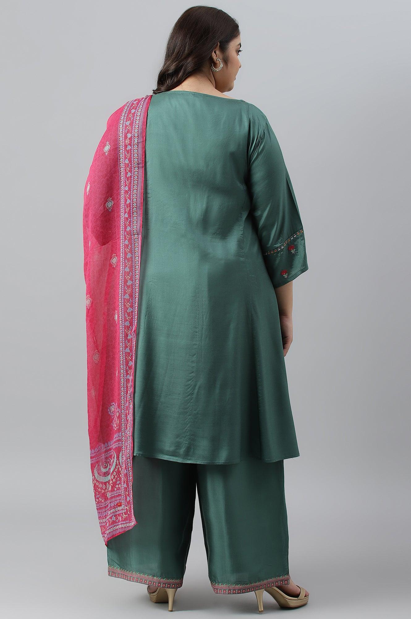 Plus Size Dark Green Embroidered kurta With Parallel Pants And Pink Printed Dupatta - wforwoman