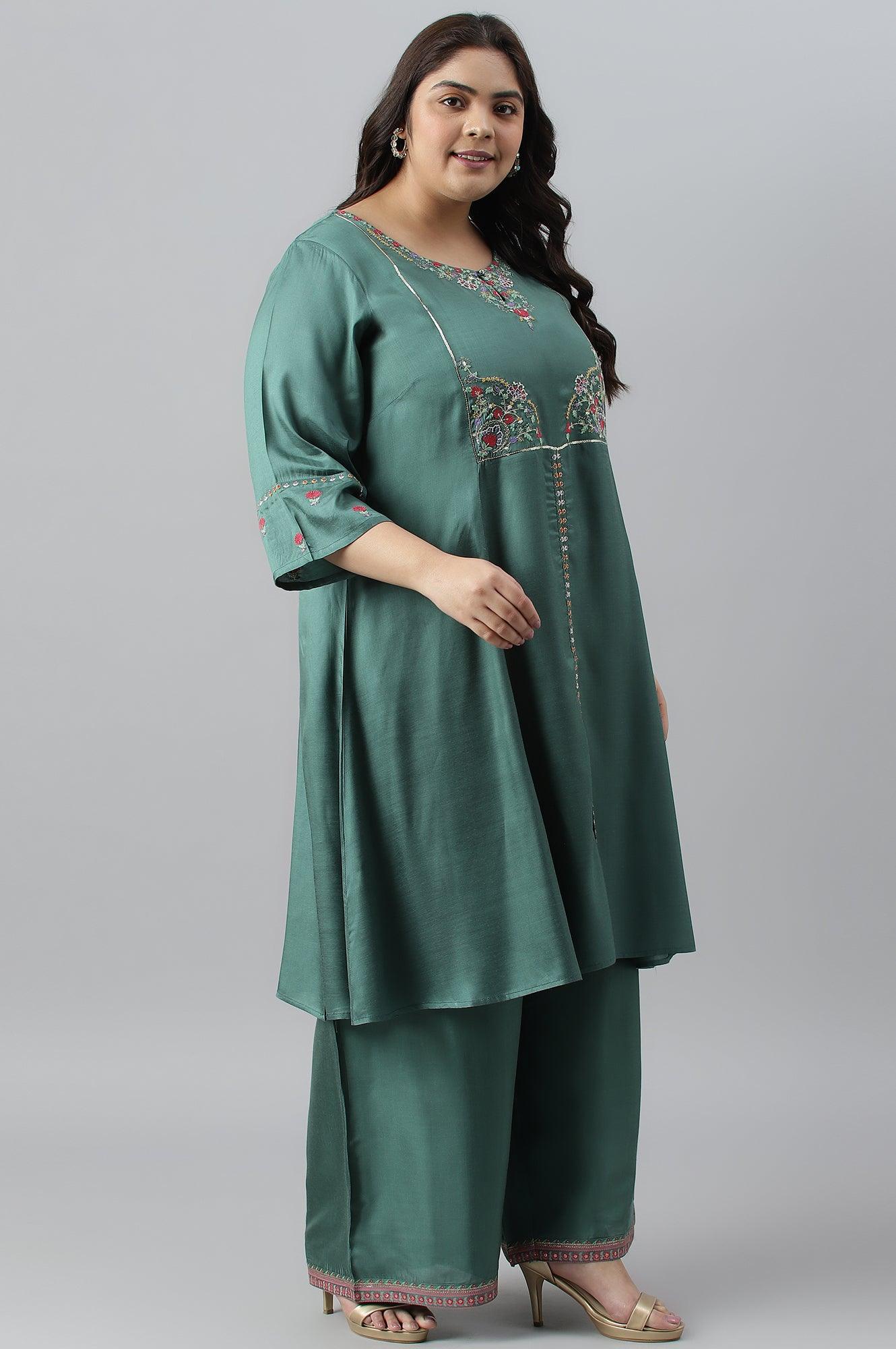 Plus Size Dark Green Embroidered kurta With Parallel Pants And Pink Printed Dupatta - wforwoman